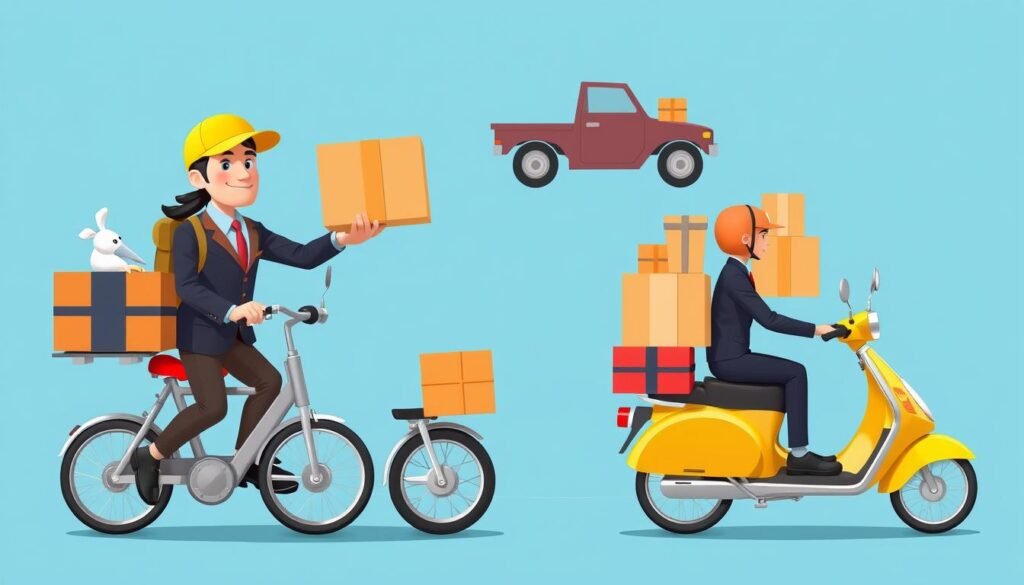 Gambar Totally Reliable Delivery Service dengan karakter kurir yang mengantar paket dengan berbagai kendaraan unik