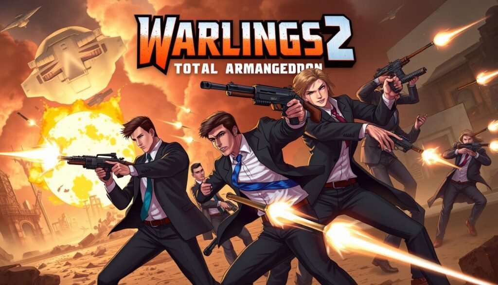 Gambar Warlings 2: Total Armageddon dengan karakter sedang menembakkan senjata
